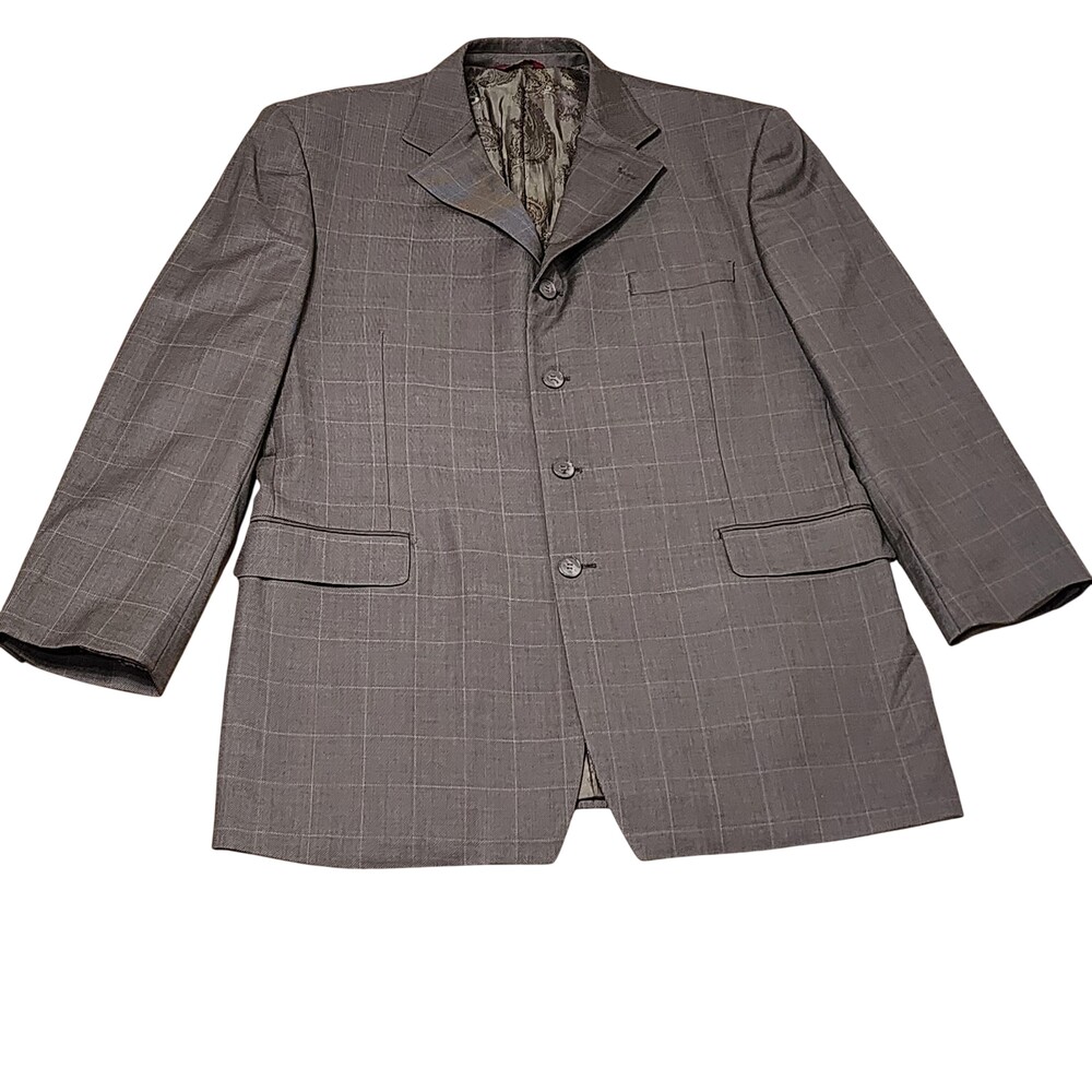 Phat Farm Suit Jacket Mens 44 Gray Wool Plaid Three Button Blazer Hip Hop Lined